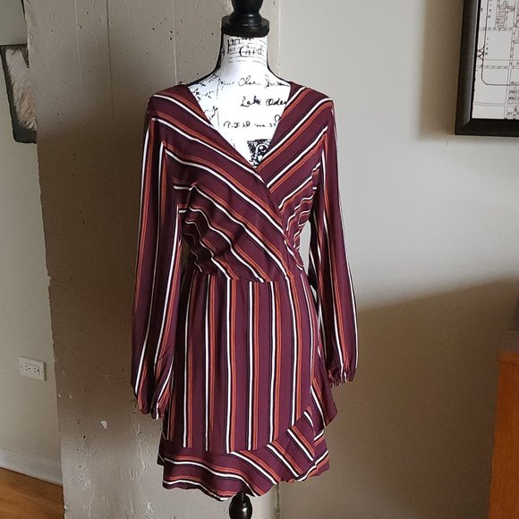Xhiliration Maroon Striped Wrap Dress with Long Puff Sleeves - Picture 3 of 8